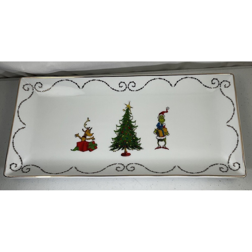 Dr. Seuss The Grinch Who Stole Christmas Elegant Gold Trim With Max Serving Tray